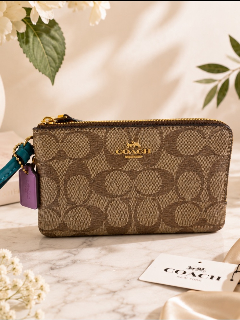 Coach Double Corner Zip Wristlet Signature Canvas Khaki Brown Multi NWT